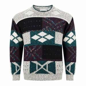 VTG Michael Gerald Sweater Mens M Teal Purple Geometric Colorblock Retro Grandpa